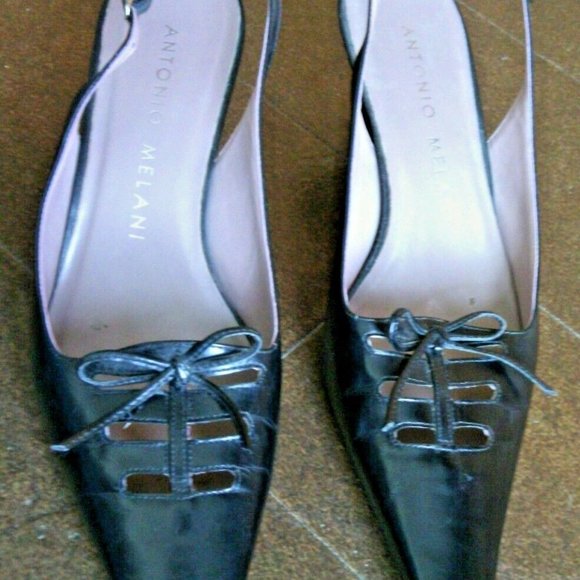 Antonio Melani Women's Glove Fit Black Leather Square Toe Ankle Strap Heels Bows - Picture 13 of 16